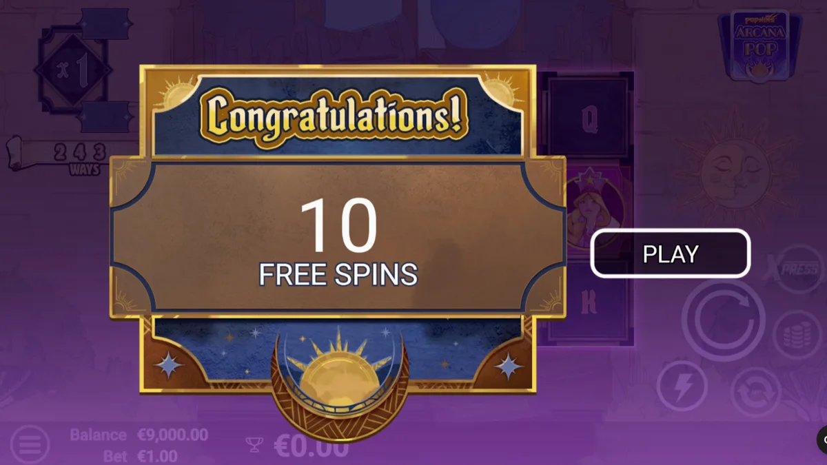 Tampilan visual slot Arcana Pop dengan tema tarot dan simbol mistis
