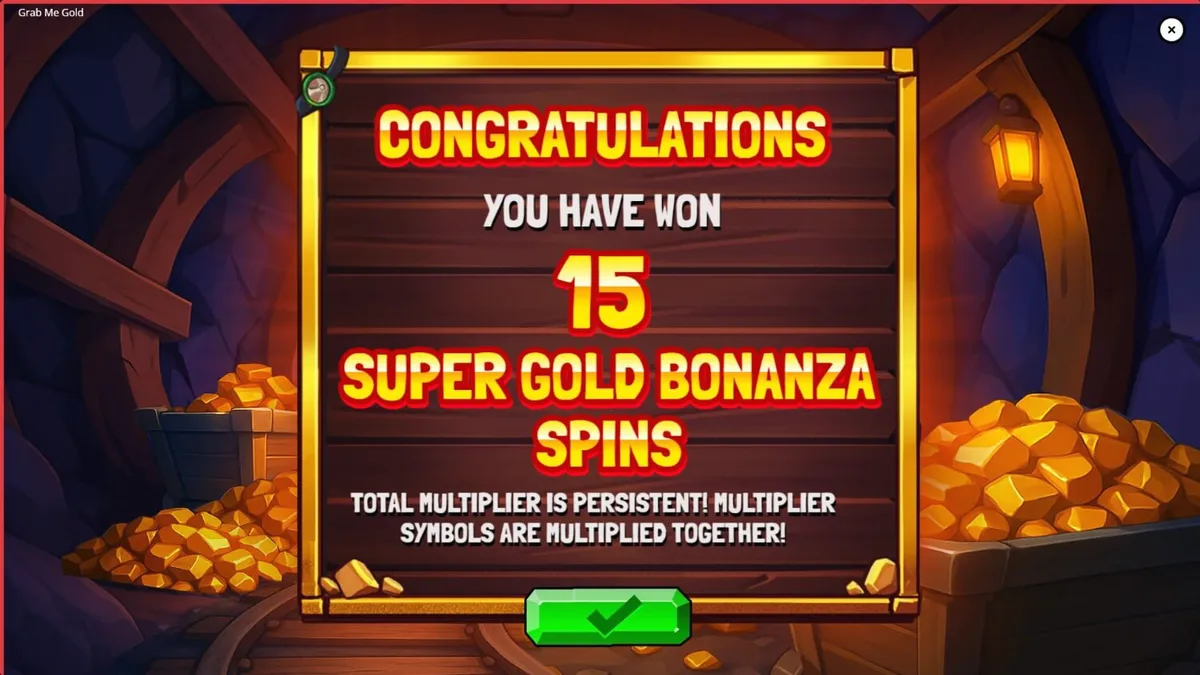 Tampilan visual slot Grab Me Gold dengan tema tambang emas dan simbol peralatan penambangan.